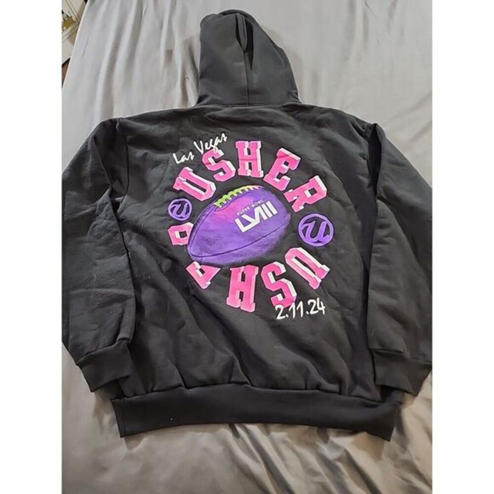 Men's Black Super Bowl LVIII Usher Blacklight Legacy Pullover Hoodie Sz XL